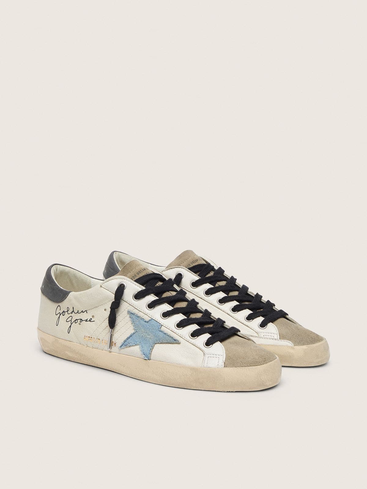 Golden Goose Super-Star in Nappa con Stella in Suede Azzurra e Talloncino in Pelle Grigio