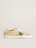 Golden Goose Super-Star Ltd in Pelle Beige con Stella in Suede Verde e Talloncino in Pelle Laminata Argento
