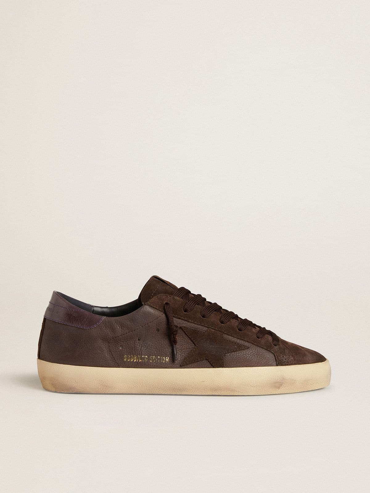 Golden Goose Super-Star Uomo Ltd in Nabuk Marrone con Stella in Suede e Talloncino in Pelle Porpora