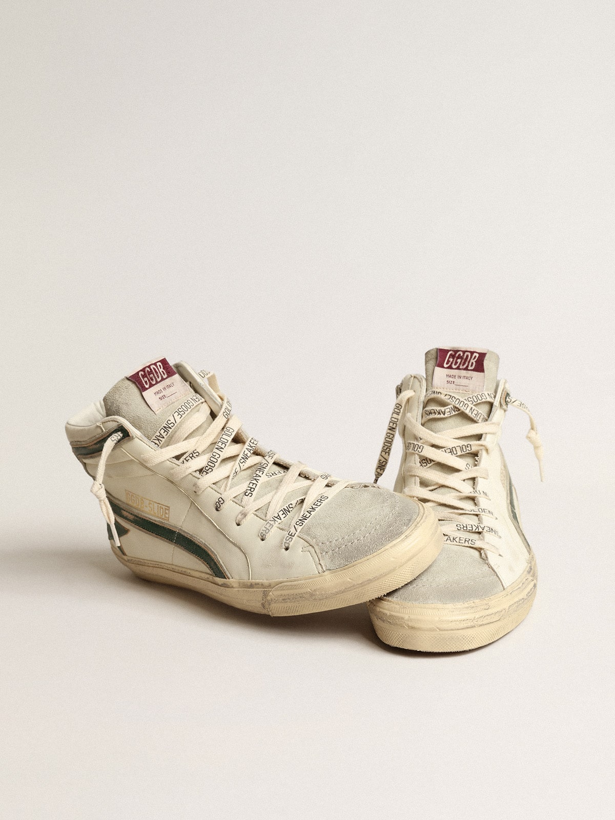Golden Goose Slide in Nappa Beige con Stella e Virgola in Pelle Laminata Verde