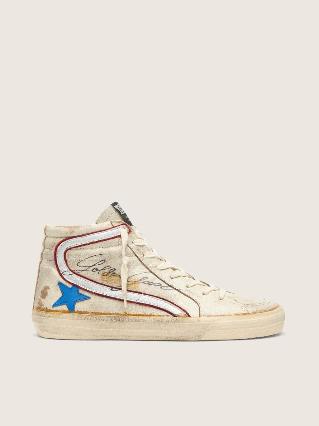 Golden Goose Slide Uomo con Stella in Pelle Azzurra e Virgola in Pelle Laminata Argento