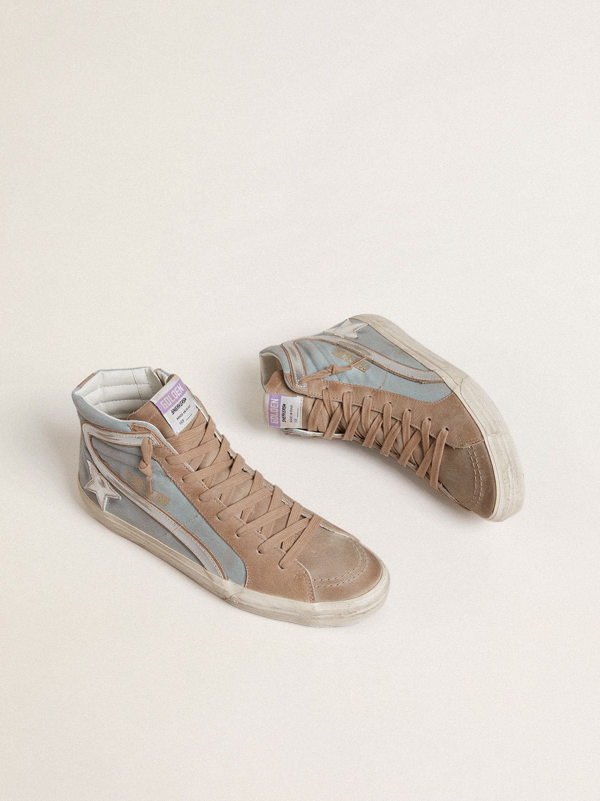 Golden Goose Slide Uomo in Canvas Azzurro con Virgola in Pelle Laminata Argento