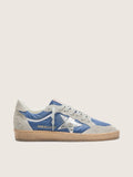 Golden Goose Ball Star Uomo in Nylon Blu Denim con Inserti in Suede Grigio Chiaro e Stella in Pelle Laminata Argento