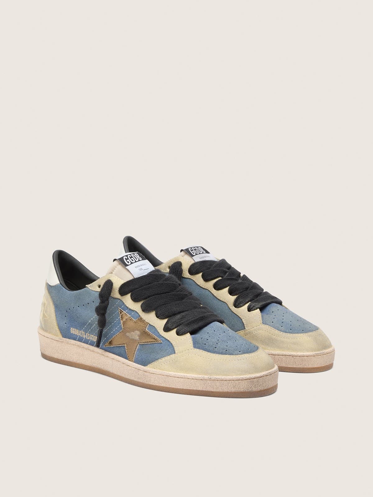 Golden Goose Ball Star Ltd Uomo in Suede Blu Jeans e Beige con Stella in Pelle Laminata Oro
