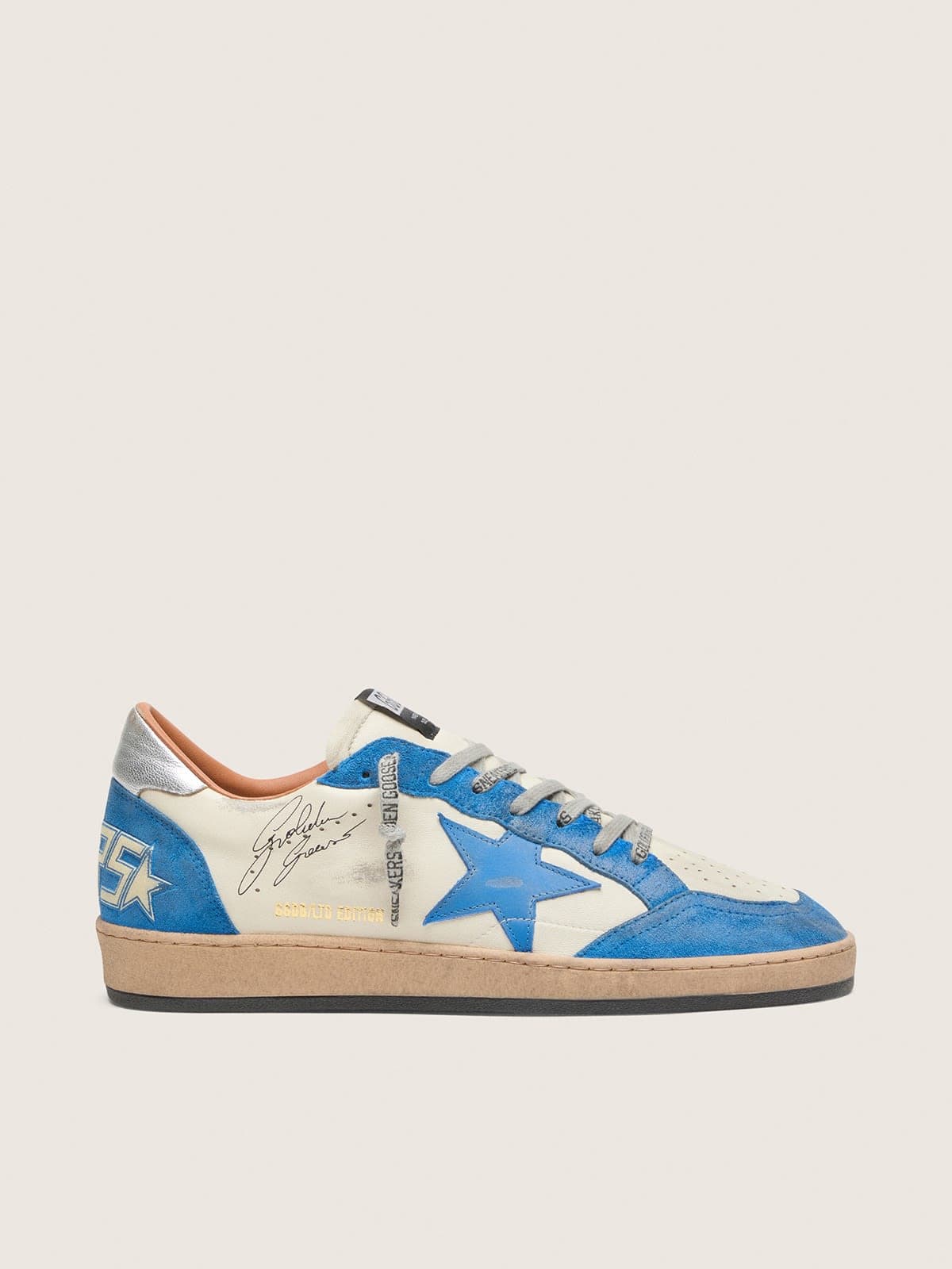 Golden Goose Ball Star Ltd Uomo in Pelle Bianca con Stella in Pelle Azzurra