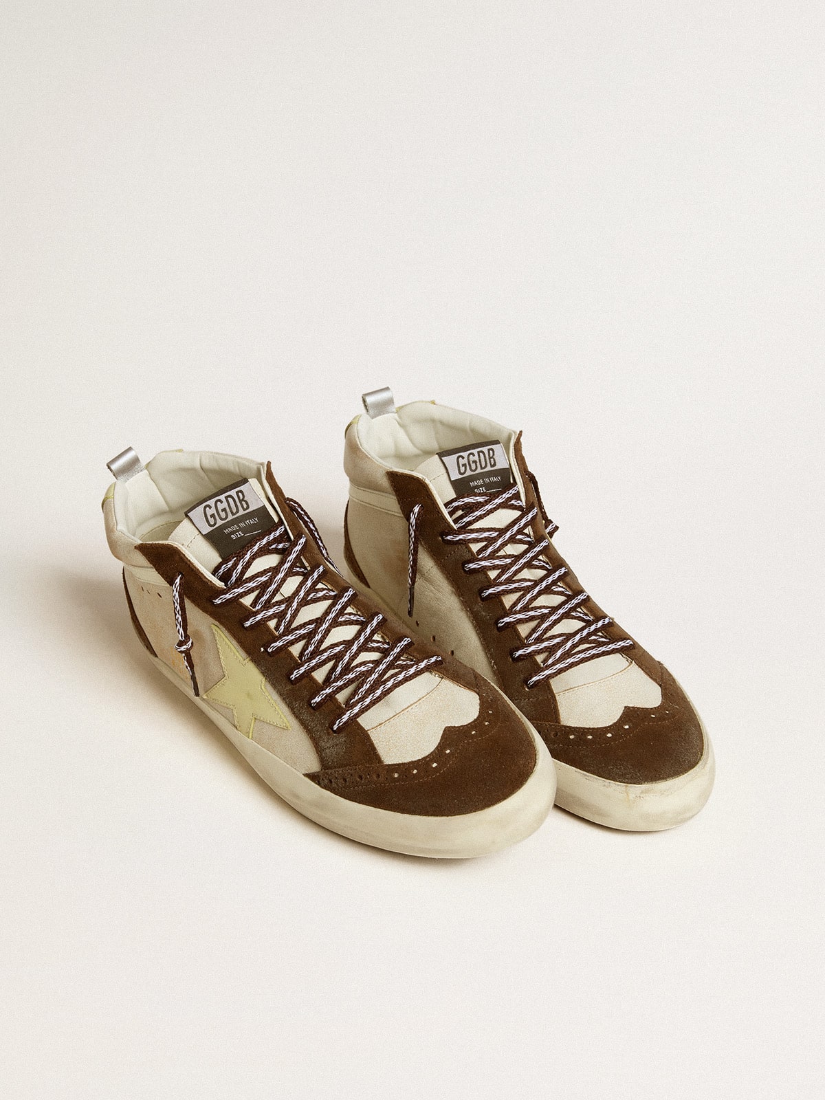Golden Goose Mid Star Uomo in Glitter Beige con Stella in Suede Giallo e Virgola in Cotone