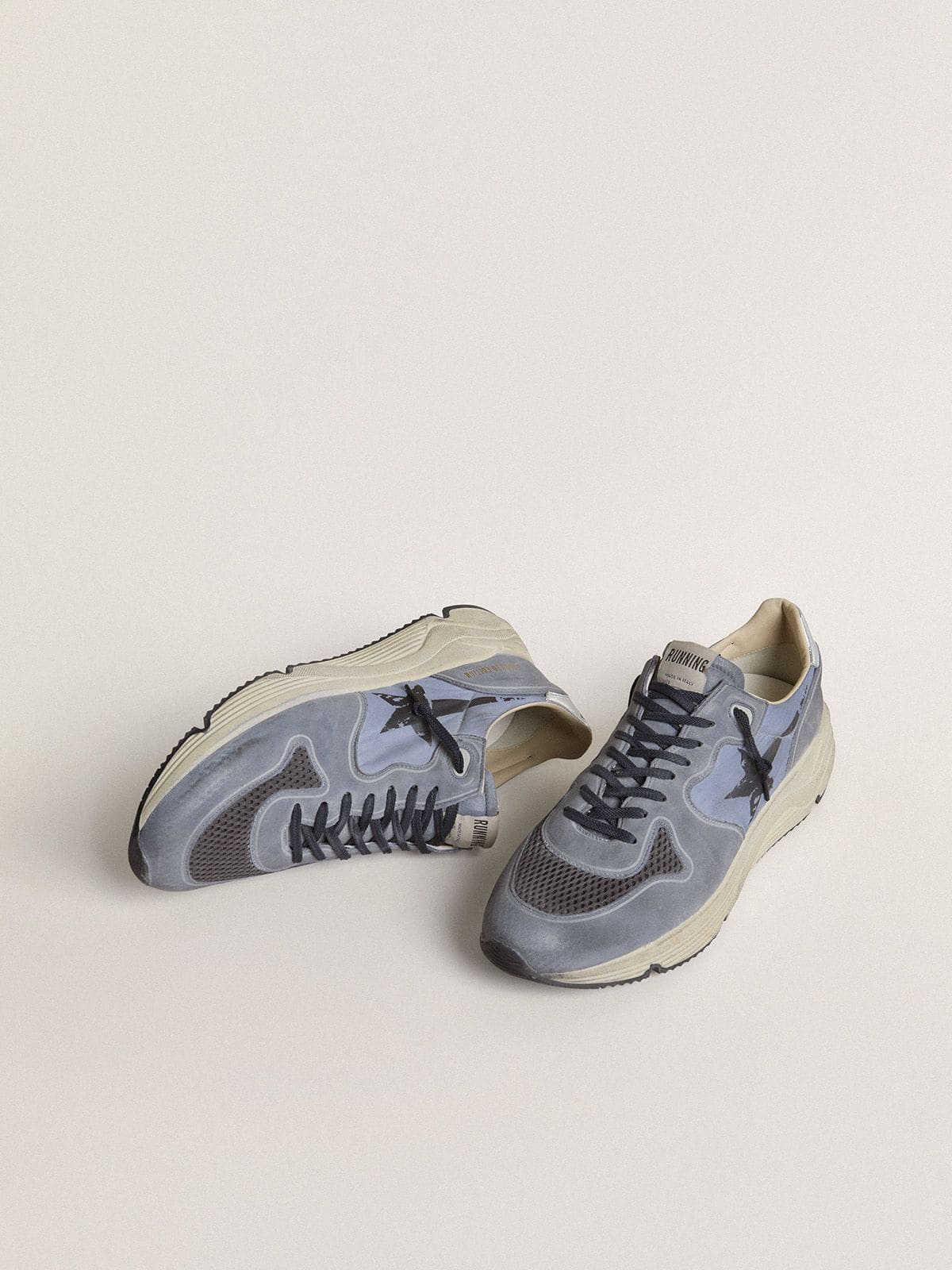 Golden Goose Running Sole Uomo in Nylon e Nabuk Azzurro con Stella Nera