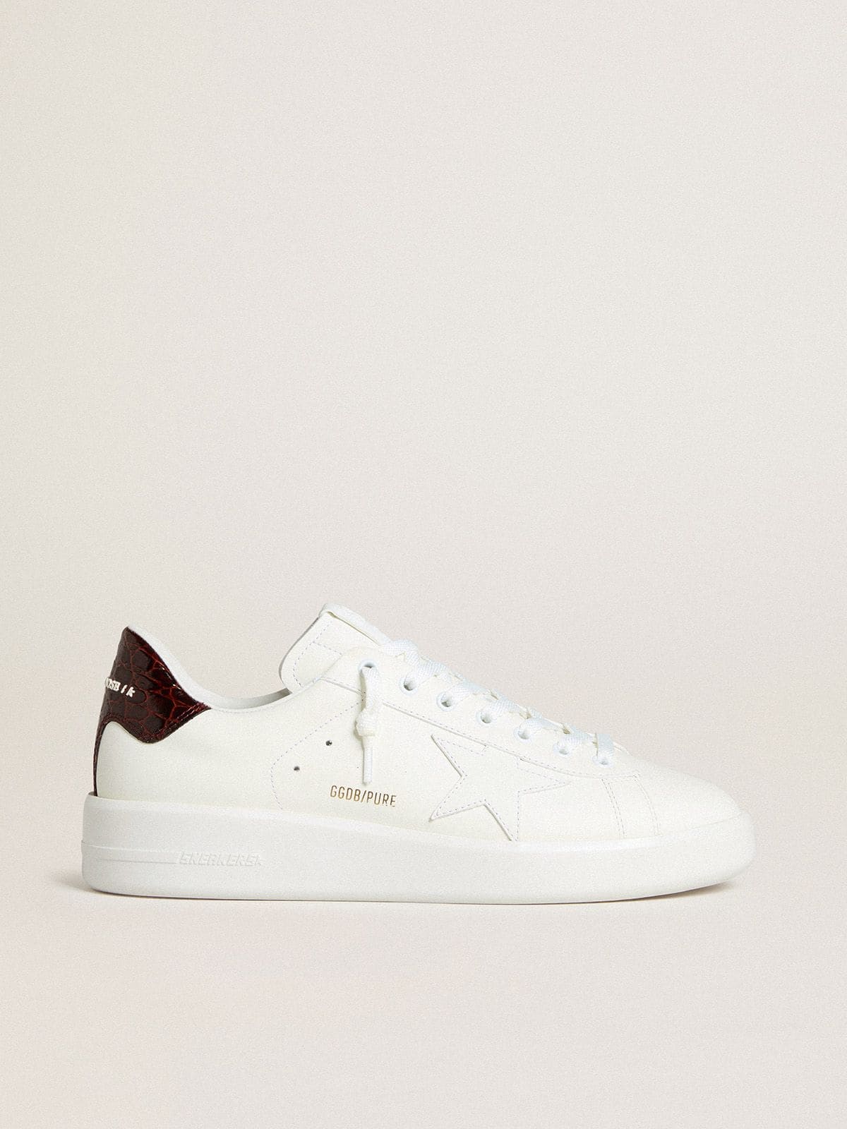 Golden Goose Purestar Uomo con Stella in Pelle Bianca e Talloncino in Pelle Bordeaux Cocco