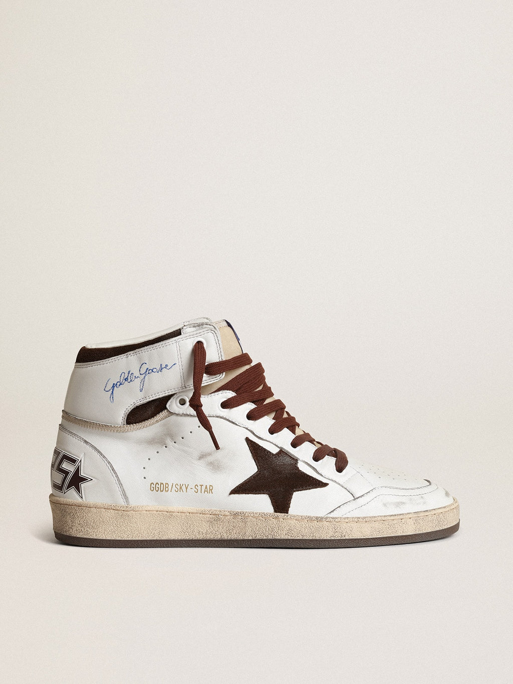Golden Goose Sky Star Uomo in Nappa Bianca con Stella in Suede Cioccolato