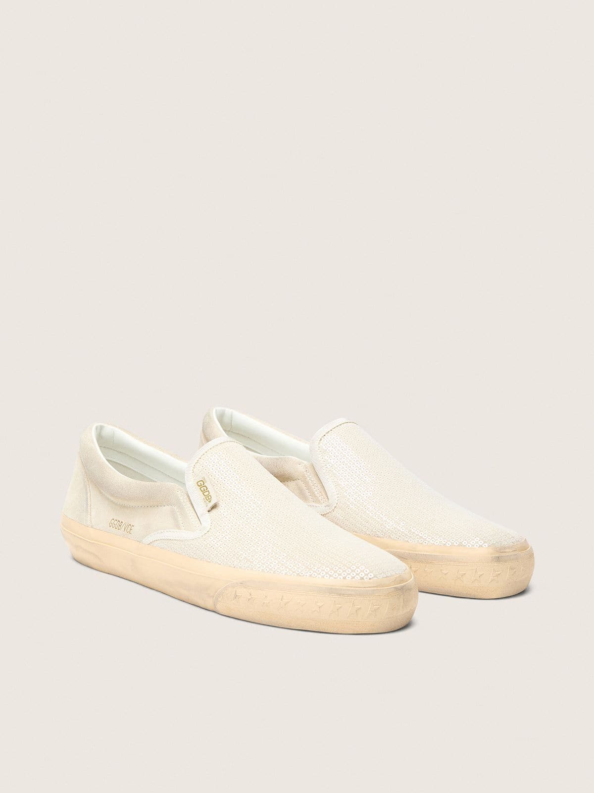 Golden Goose Vce Penstar Uomo in Suede Beige e Pailletes Color Perla