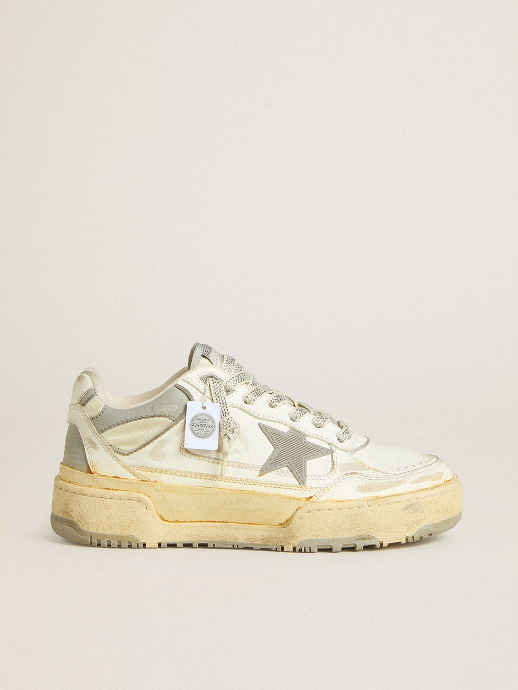 Golden Goose Forty2 Uomo in Pelle Bianca e Lacci con Cristalli Swarovski e Stella Grigia