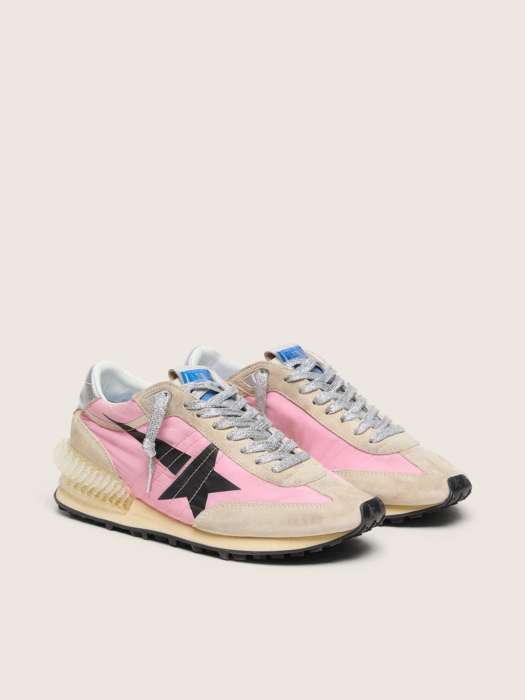 Golden Goose Marathon Uomo in Nylon Rosa e Suede Oro con Stella Stampata Nera