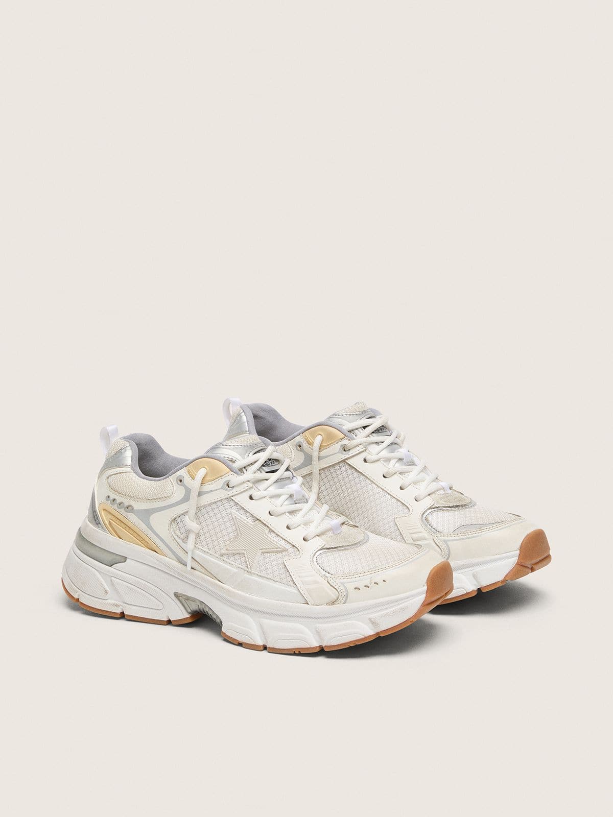 Golden Goose Lightstar Uomo in Pelle e Mesh Bianchi e Stella Bianco Vissuto