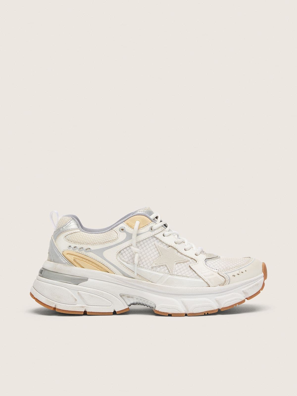 Golden Goose Lightstar Uomo in Pelle e Mesh Bianchi e Stella Bianco Vissuto