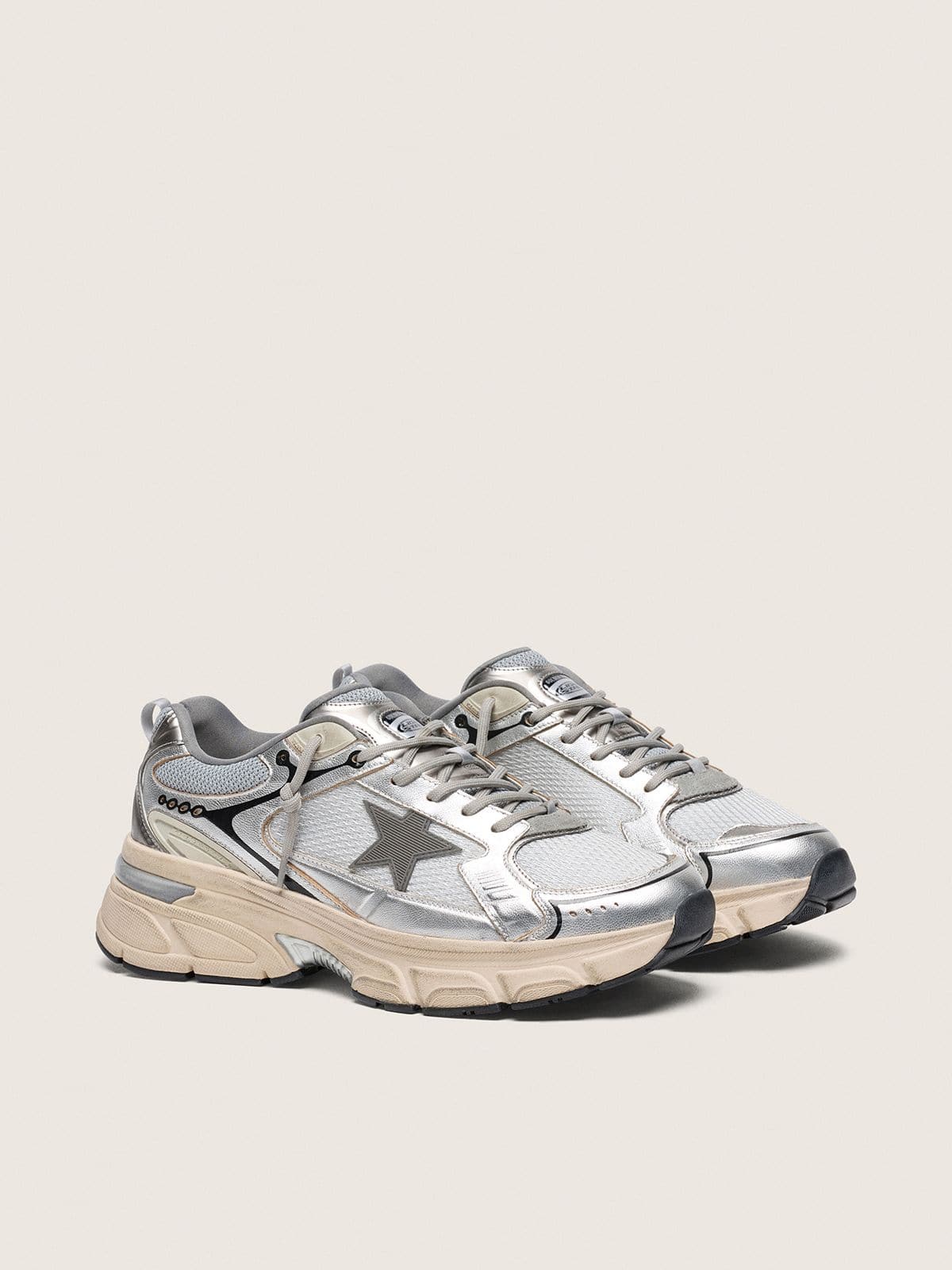 Golden Goose Lightstar Uomo in Mesh Grigio e Nappa Argento con Stella in Tpu Grigio