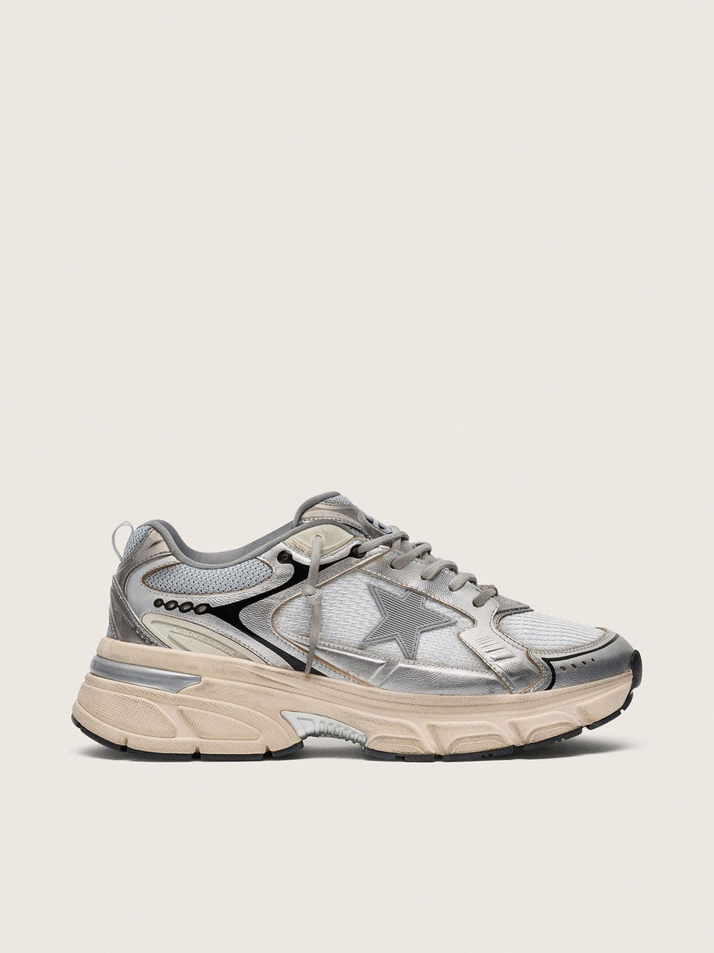 Golden Goose Lightstar Uomo in Mesh Grigio e Nappa Argento con Stella in Tpu Grigio