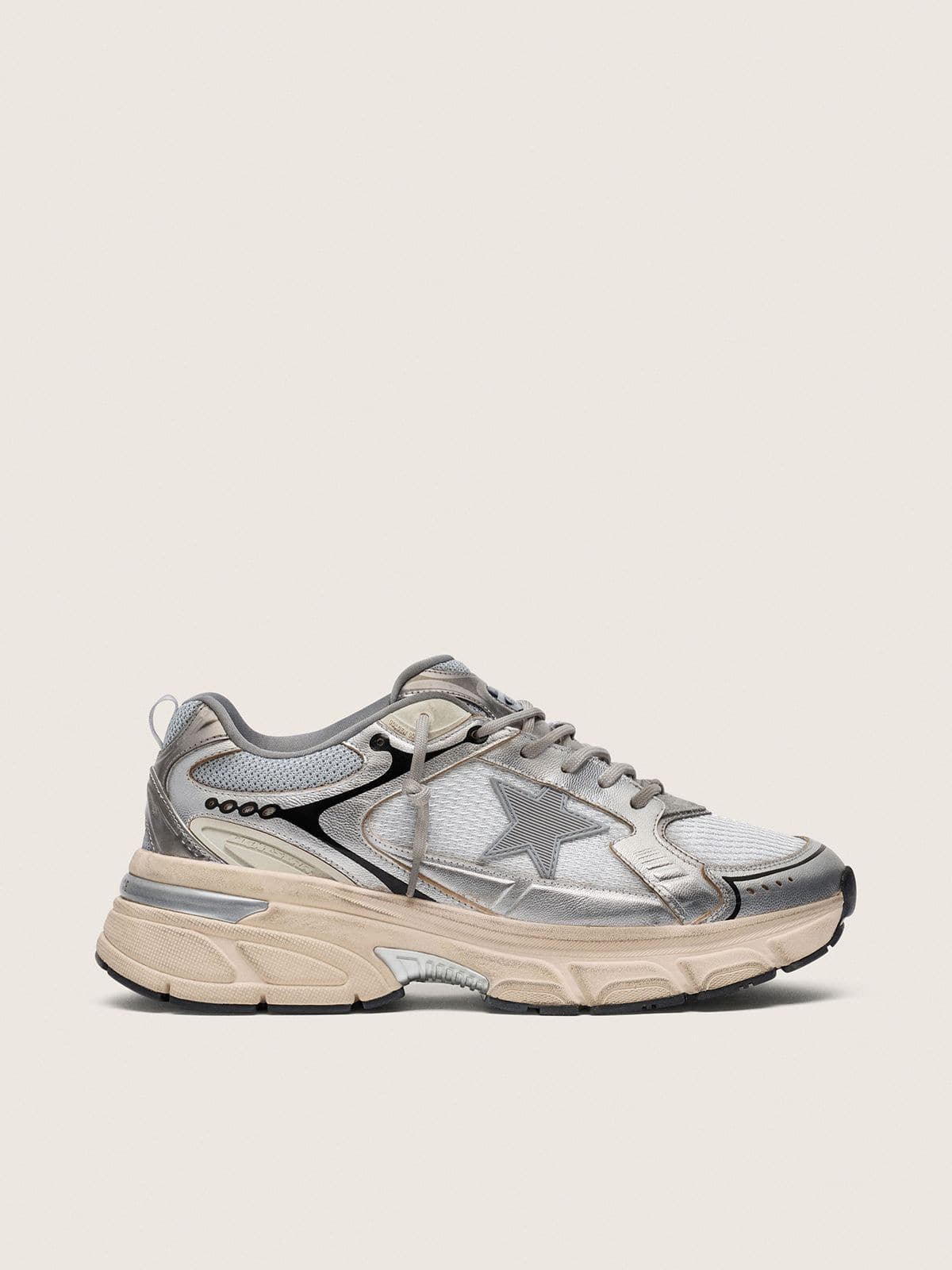 Golden Goose Lightstar Uomo in Mesh Grigio e Nappa Argento con Stella in Tpu Grigio