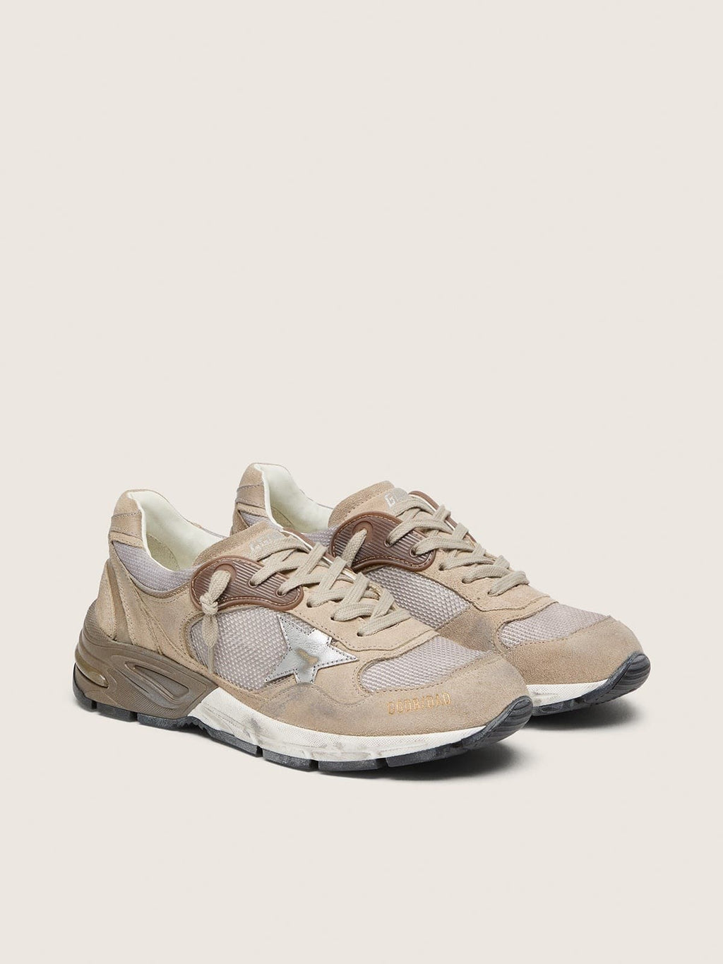 Golden Goose Dad Star Uomo in Rete e Suede Beige con Stella in Pelle Argento