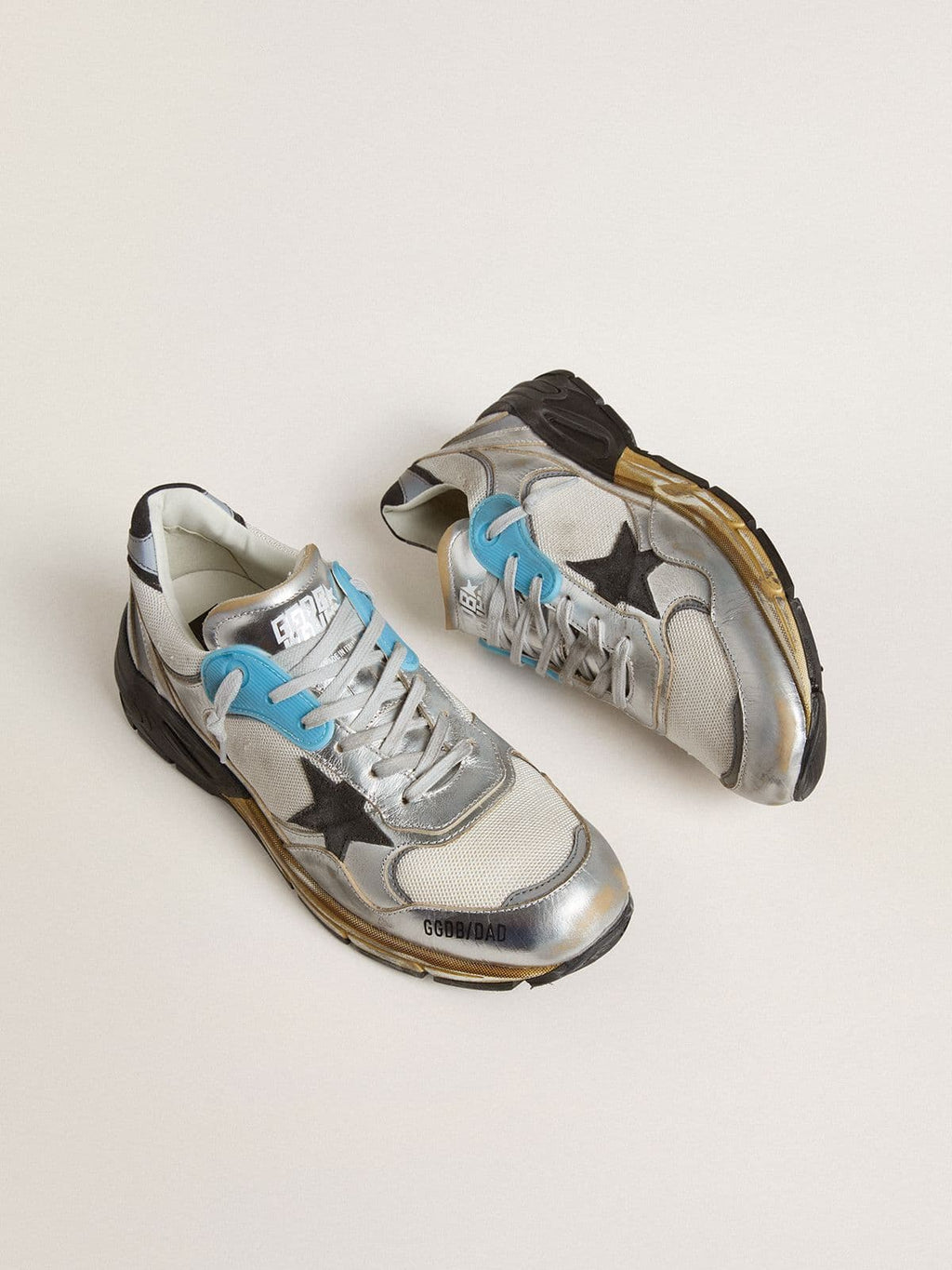 Golden Goose Dad Star Uomo in Rete e Pelle Laminata Argento con Stella in Pelle Nera