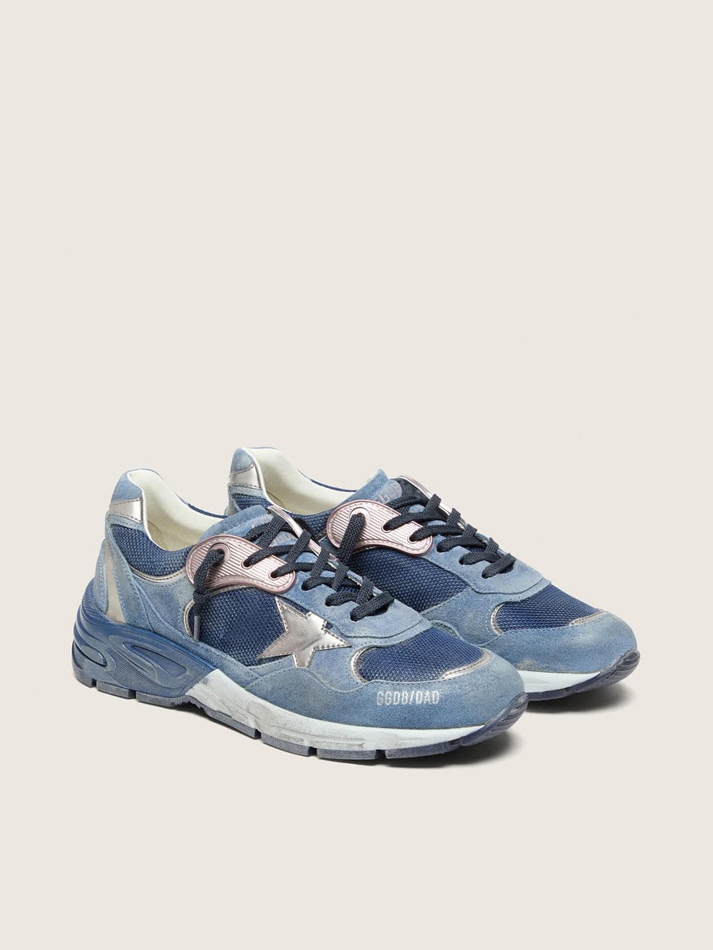 Golden Goose Dad Star Uomo in Suede Blu Denim con Stella in Pelle Argento