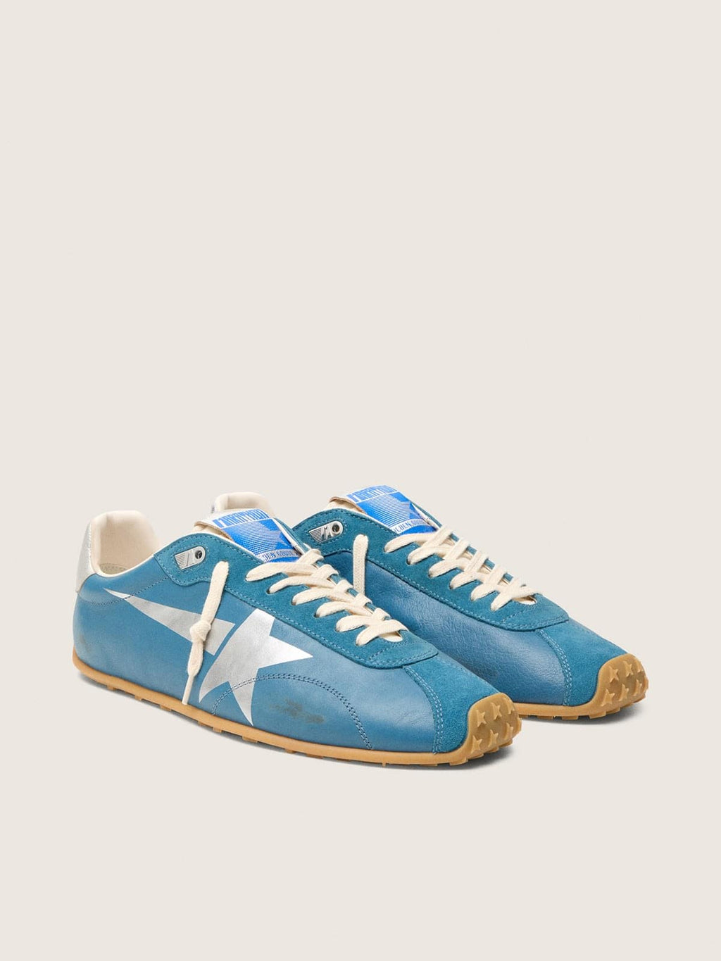 Golden Goose Marathon Speed Uomo in Nappa Blu con Stella Stampata e Talloncino in Pelle Argento