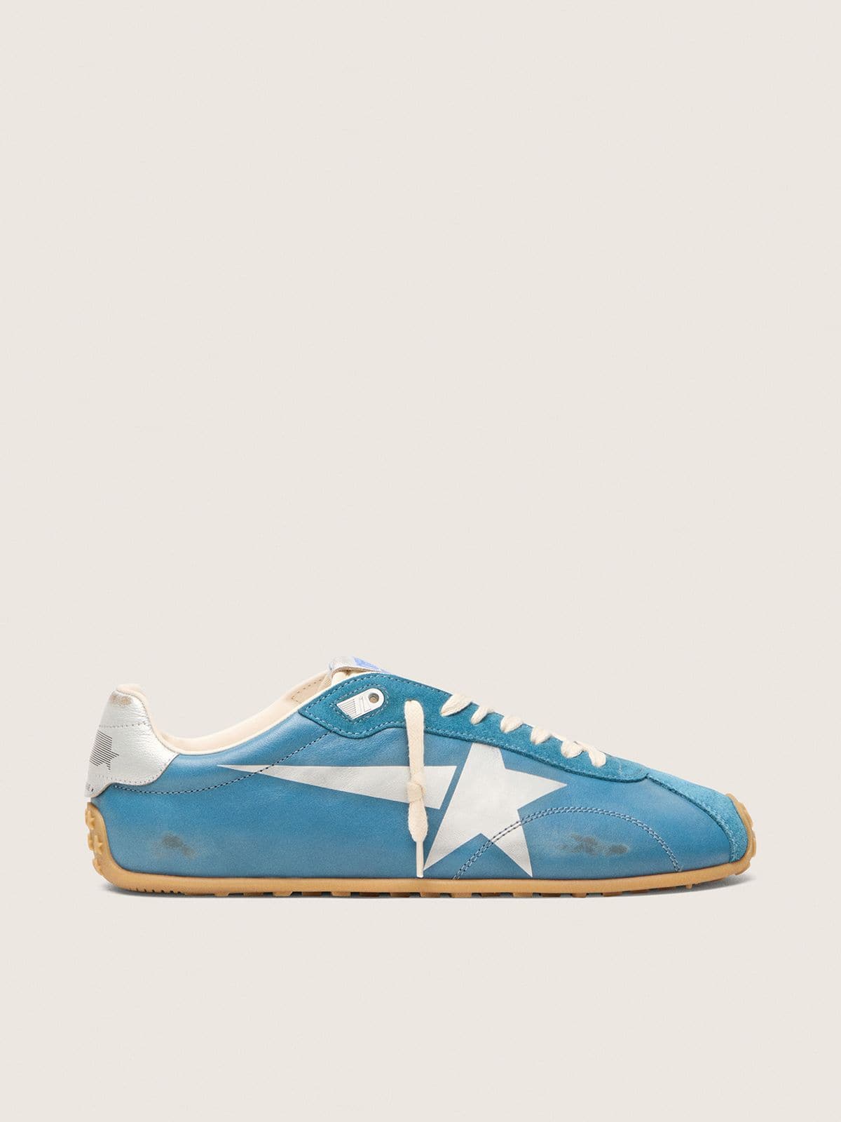 Golden Goose Marathon Speed Uomo in Nappa Blu con Stella Stampata e Talloncino in Pelle Argento
