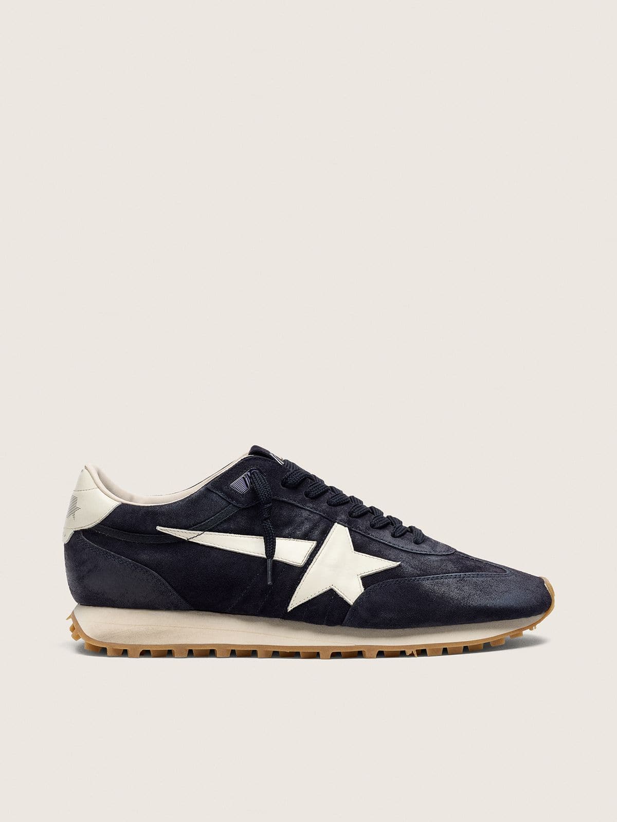 Golden Goose Marathon Uomo in Suede Blu Scuro con Stella e Talloncino in Pelle Bianchi