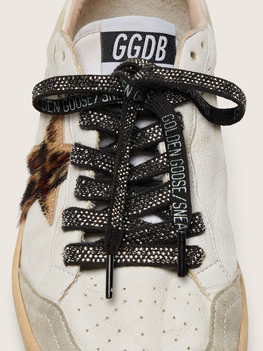 Golden Goose Lacci in cotone nero e cristalli Swarovski argento con logo bianco