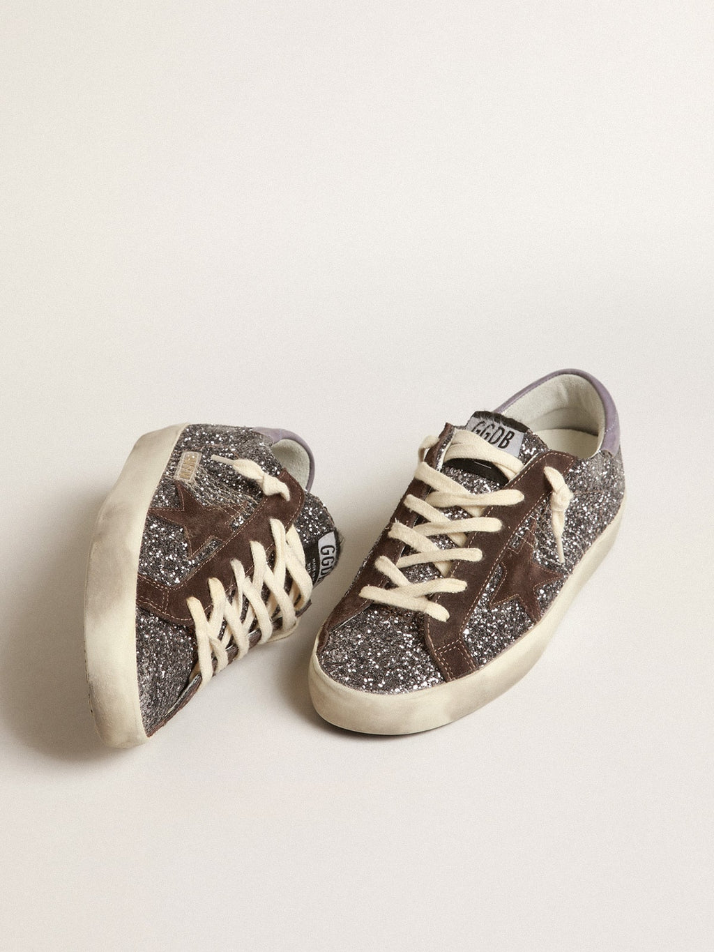 Golden Goose Super-Star in Glitter con Stella Marrone e Talloncino Lilla