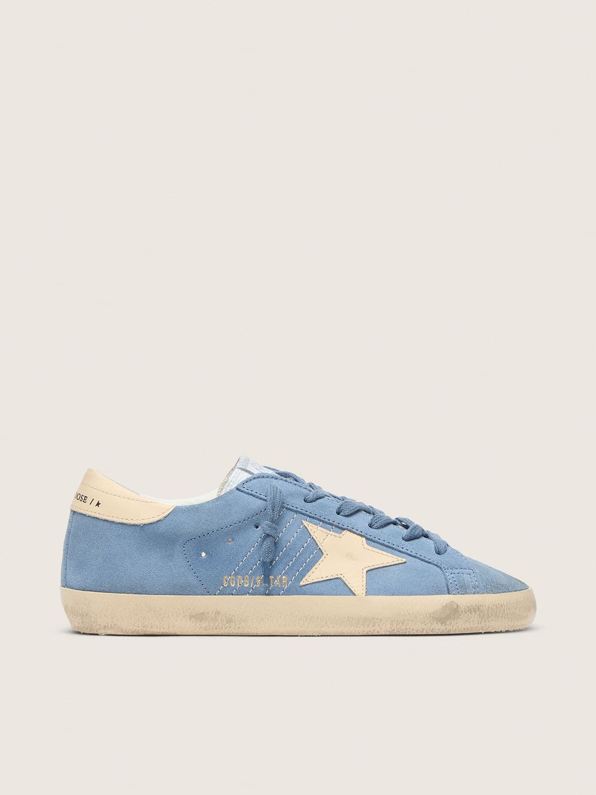 Golden Goose Super-Star in Suede Azzurro con Stella e Talloncino in Pelle Beige