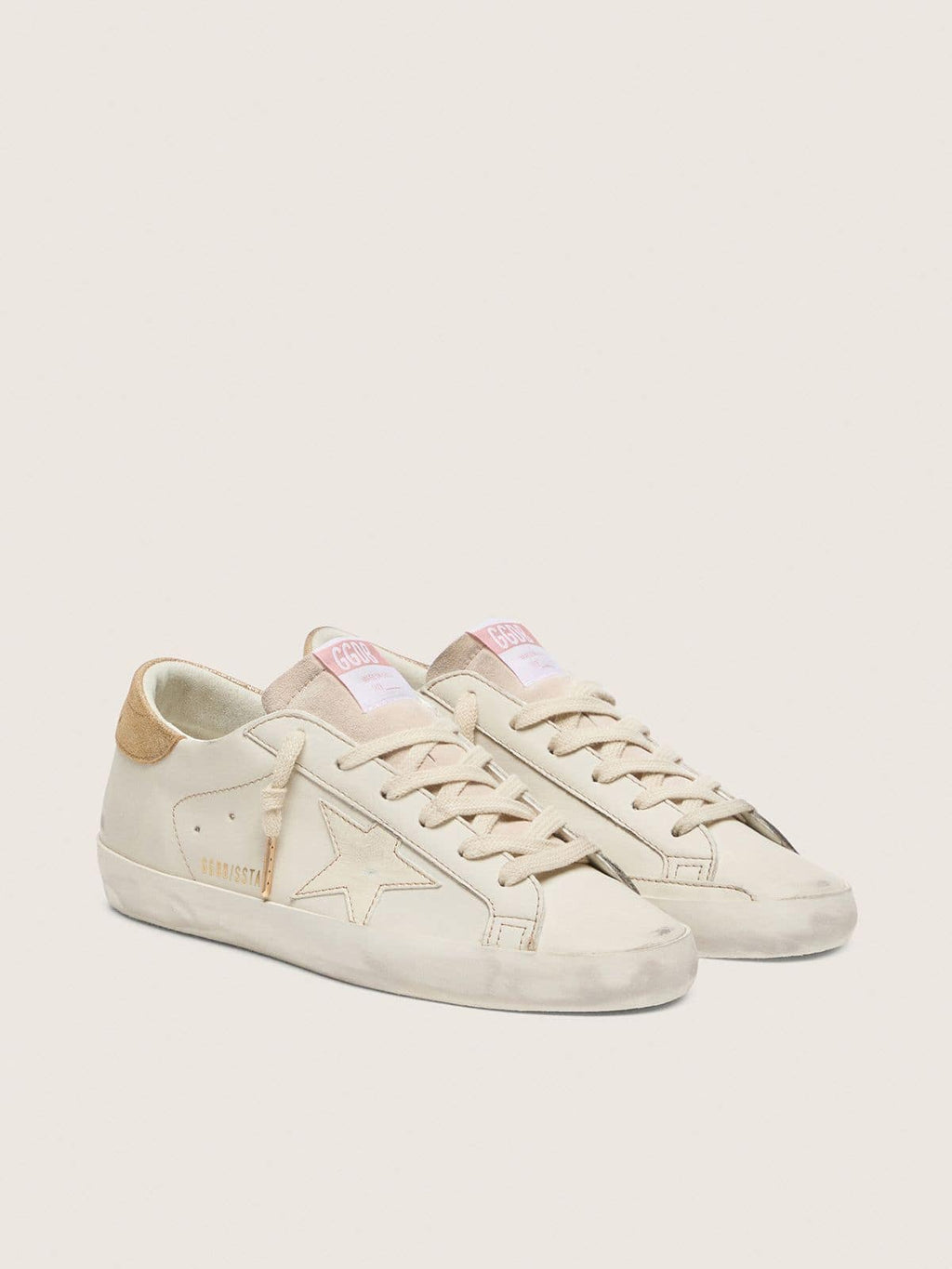 Golden Goose Super-Star Donna in Pelle Color Bianco Vissuto e Stella Ton Sur Ton