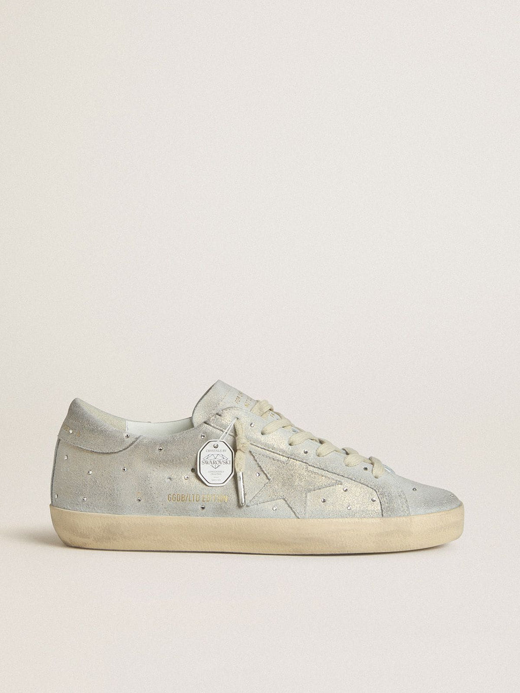 Golden Goose Super-Star Donna Ltd in Suede Platino e Cristalli Swarovski con Stella in Suede Platino