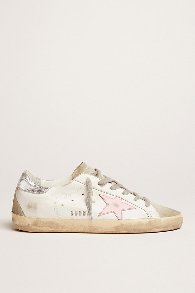 Golden Goose Super-Star Donna in Pelle con Stella Rosa e Talloncino Laminato Argento