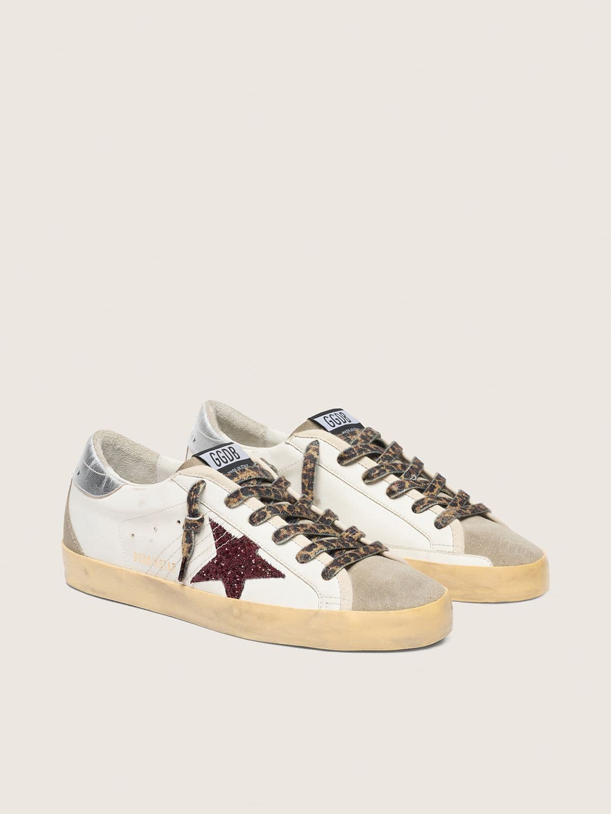 Golden Goose Super-Star con Stella in Glitter Bordeaux e Talloncino Argento