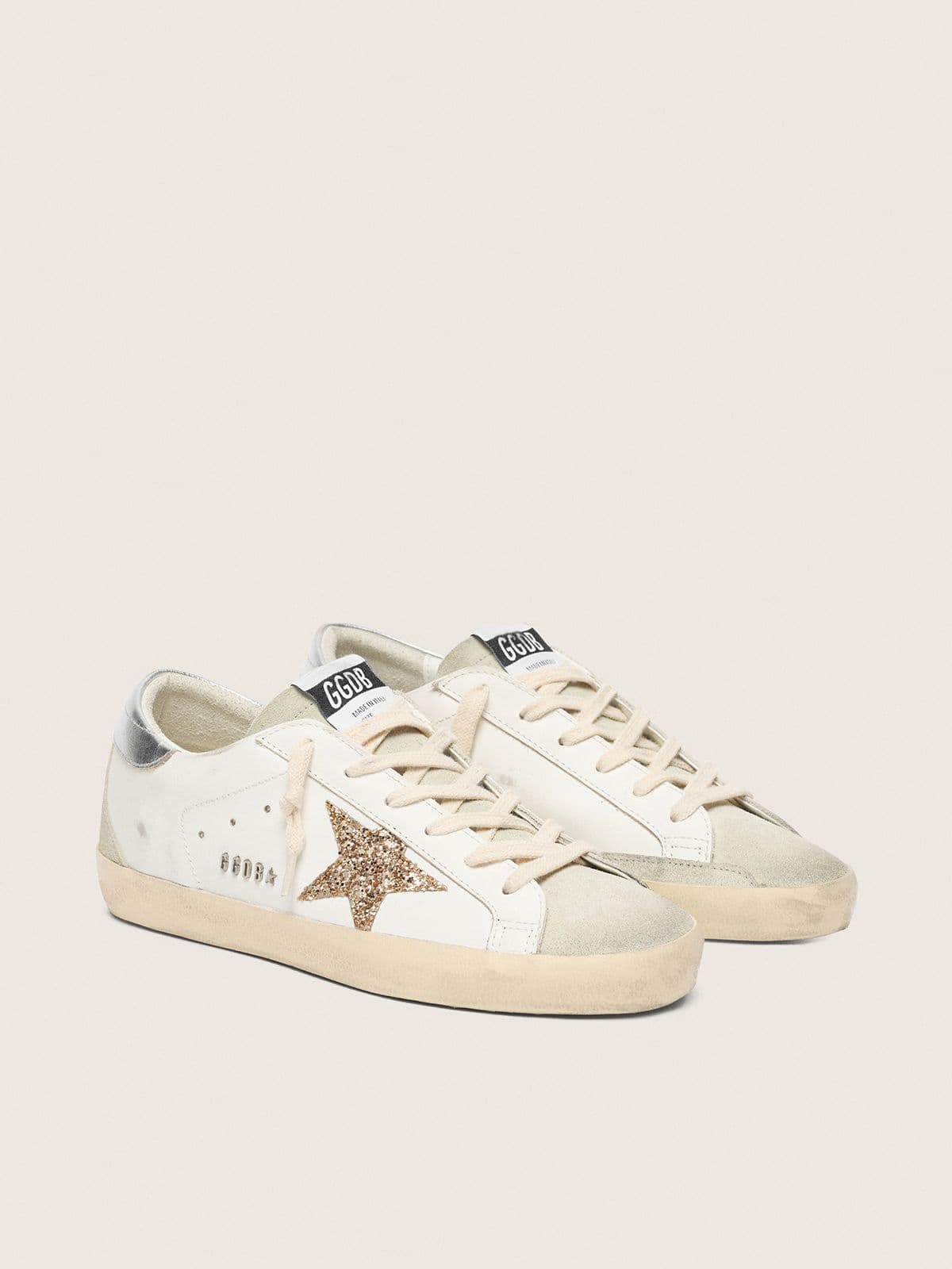 Golden Goose Super-Star Donna con Stella in Glitter Oro e Inserti in Suede Ghiaccio