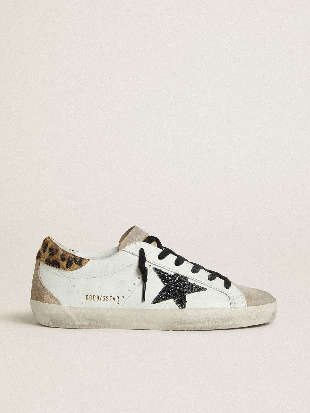 Golden Goose Super-Star Donna con Stella in Glitter Neri e Talloncino in Cavallino Leopardato
