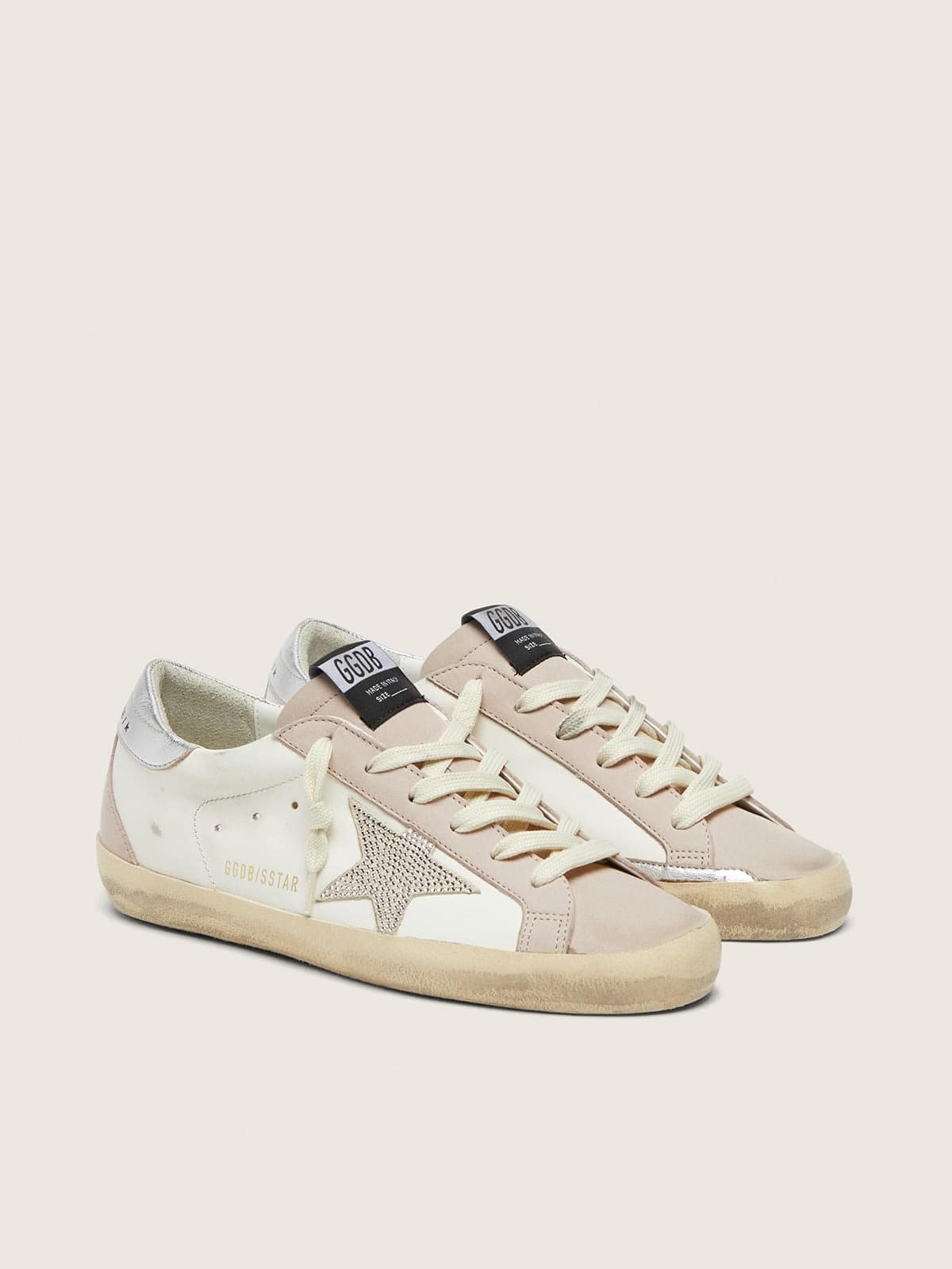 Golden Goose Super-Star Donna in Pelle Bianca e Rosa Cipria con Stella in Cristalli Swarovski Argento