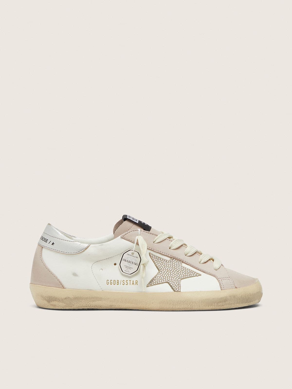 Golden Goose Super-Star Donna in Pelle Bianca e Rosa Cipria con Stella in Cristalli Swarovski Argento