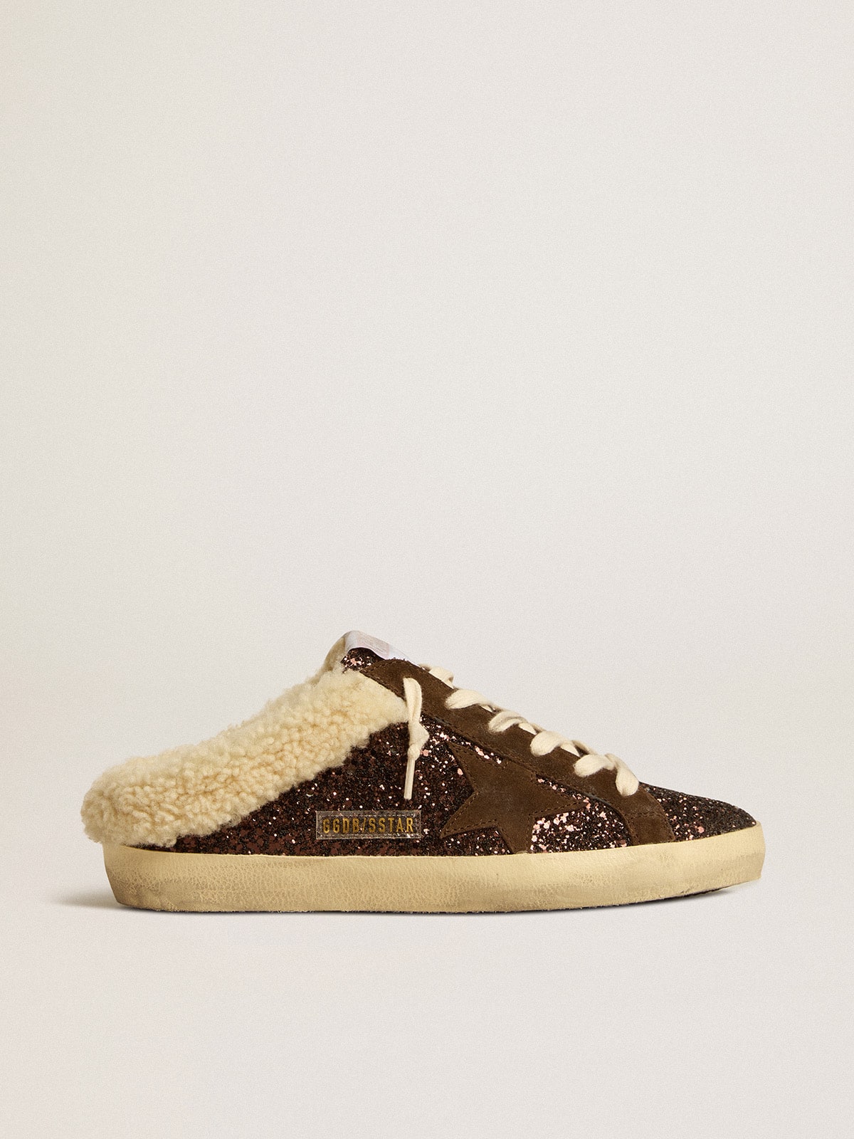 Golden Goose Super-Star Sabot in Glitter con Stella Marrone e Fodera in Shearling