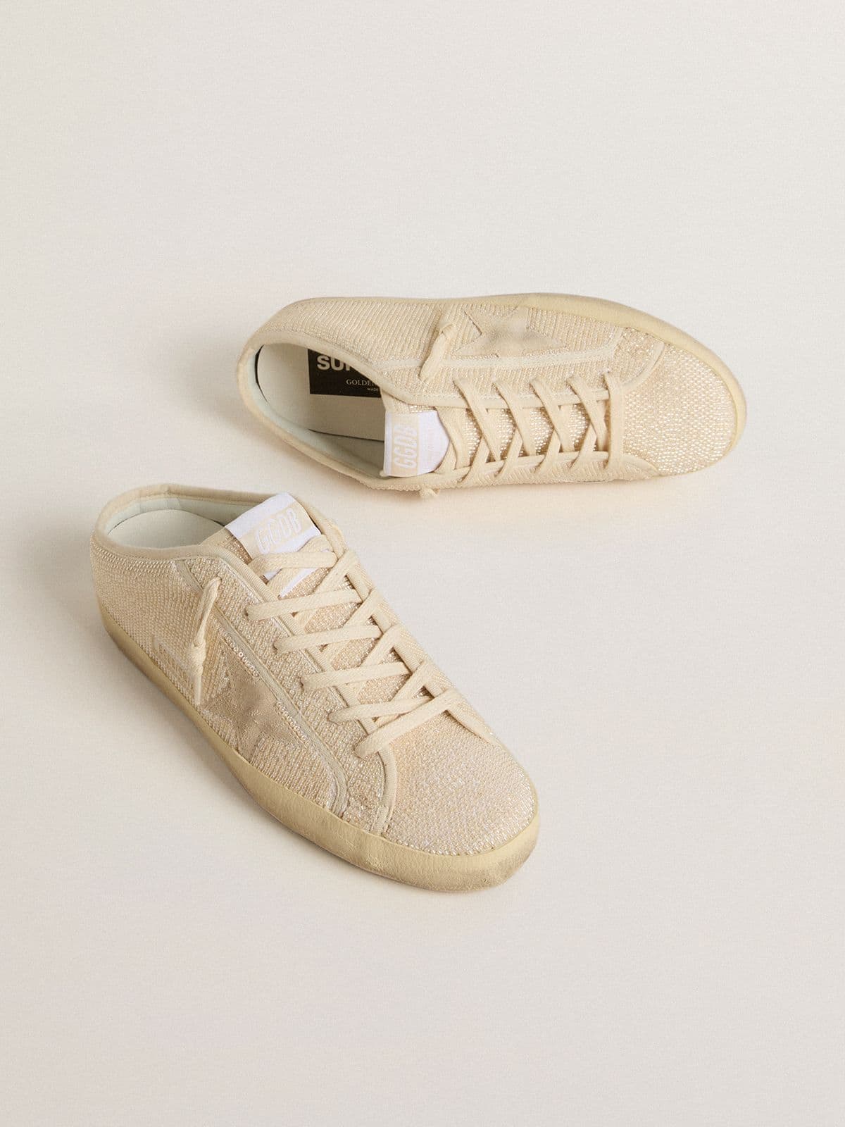 Golden Goose Super-Star Sabot Donna in Canvas Beige con Perline Ricamate e Stella in Suede Beige