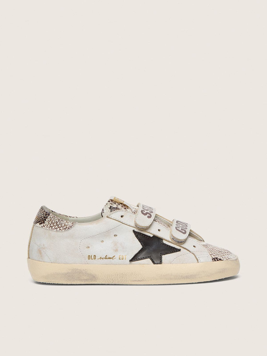 Golden Goose Old School Donna in Pelle Bianca con Stella in Pelle Nera e Inserti in Stampa Pitonata