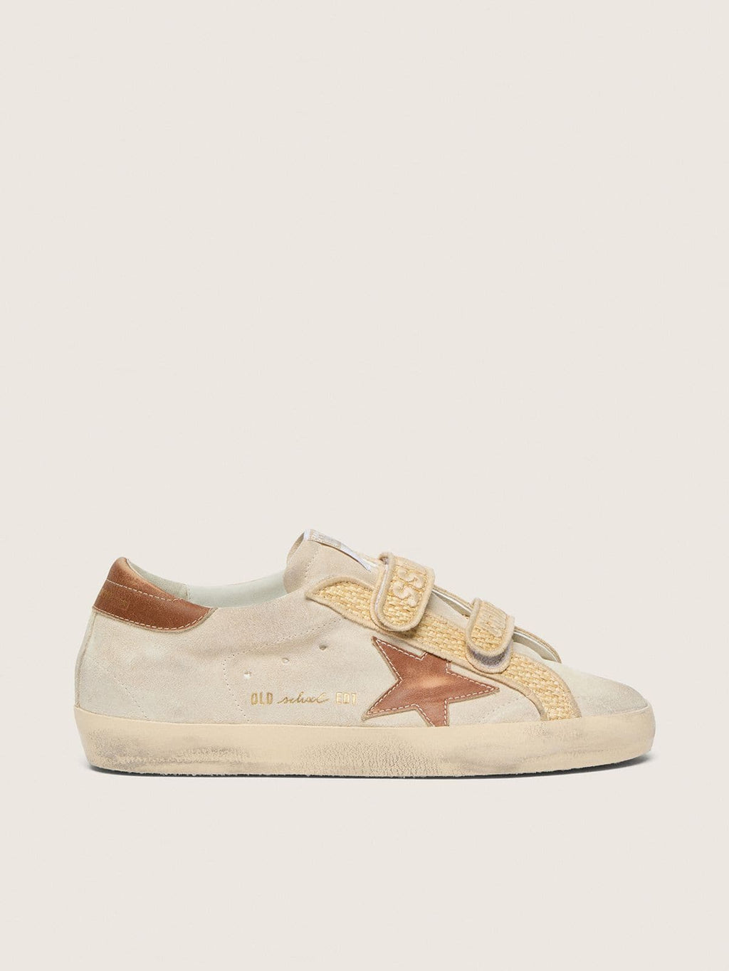 Golden Goose Old School Donna in Suede Perla con Stella in Pelle Mattone  e Cinturino in Rafia