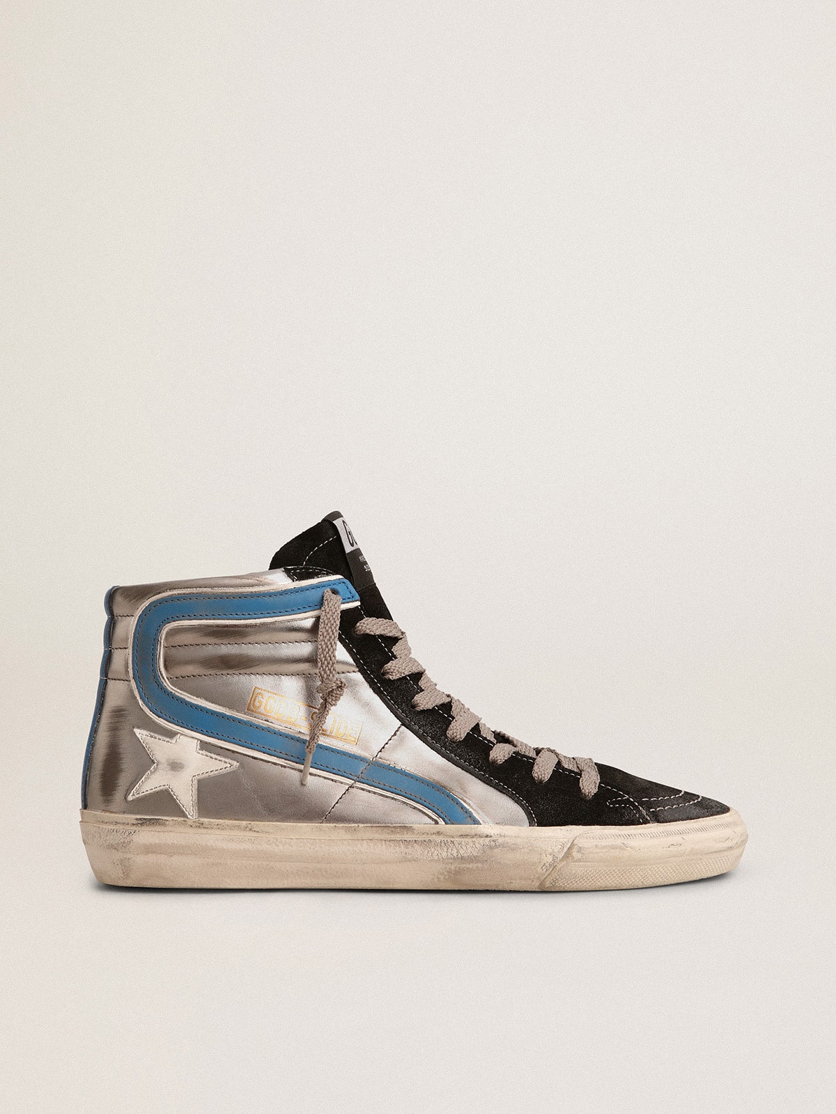 Golden Goose Slide in Pelle Laminata Color Argento con Stella in Pelle Bianca