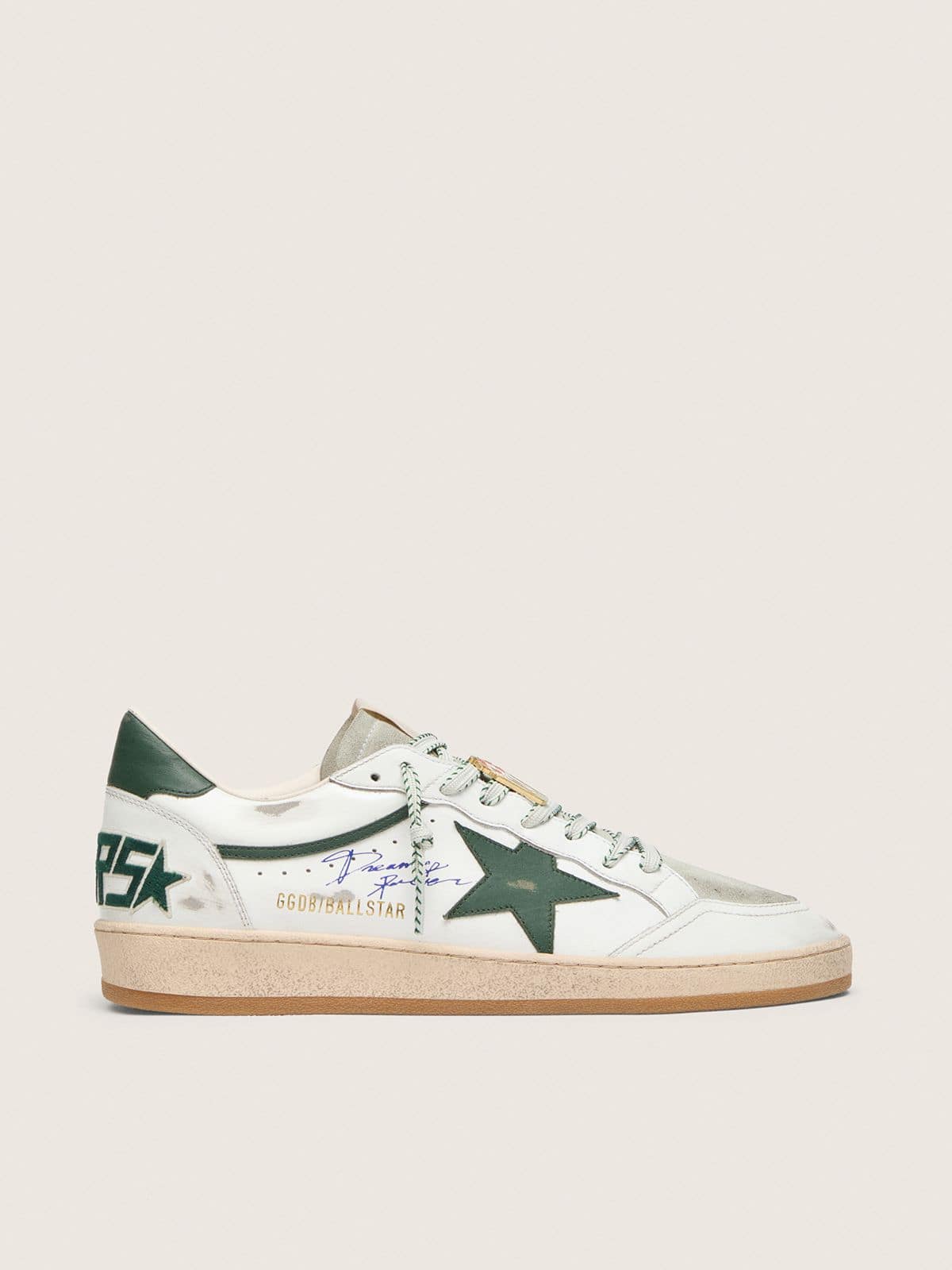 Golden Goose Ball Star Ltd Donna in Pelle Bianca con Stella Verde e Skins Applicata