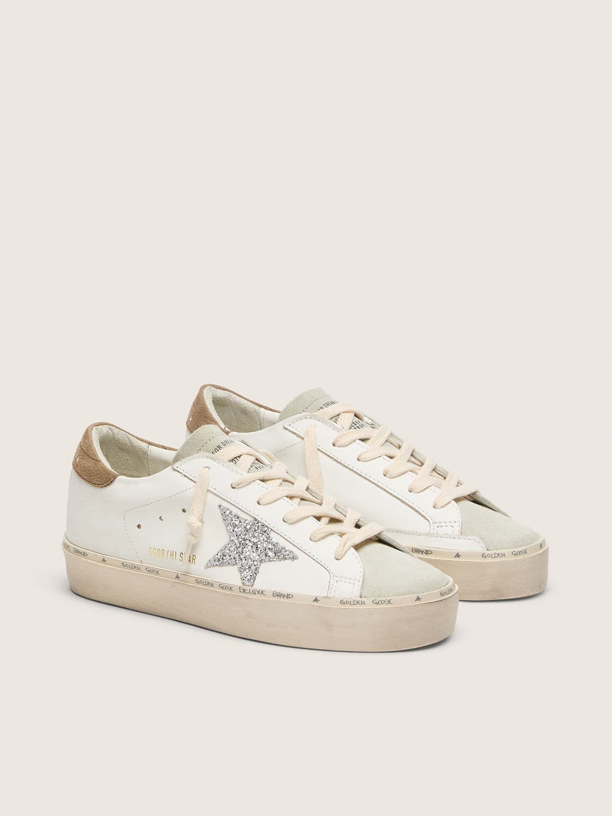 Golden Goose Hi Star Donna con Stella in Glitter Argento e Talloncino in Nabuk Tortora