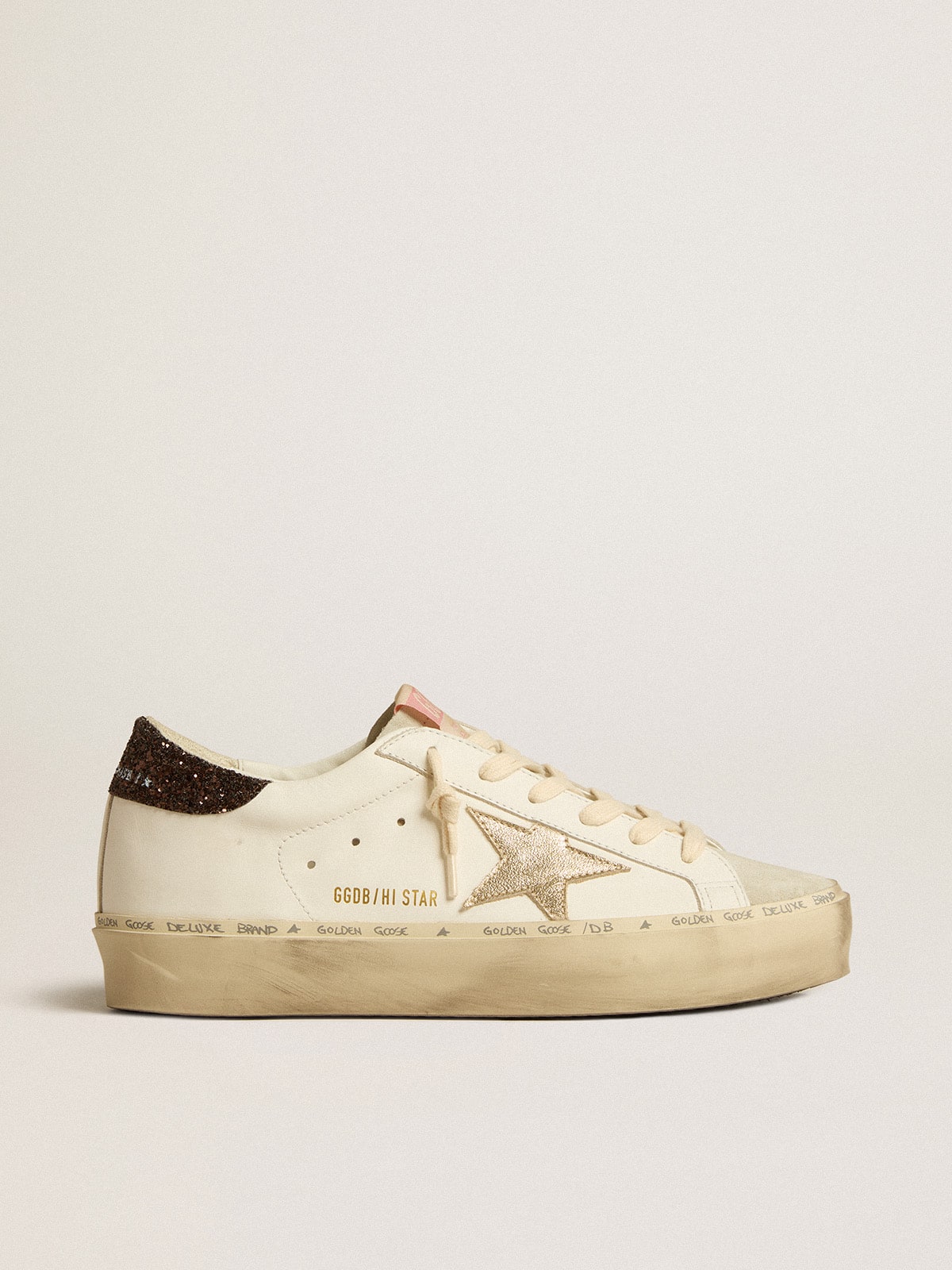 Golden Goose Hi Star con Stella in Pelle Laminata Platino e Talloncino in Glitter