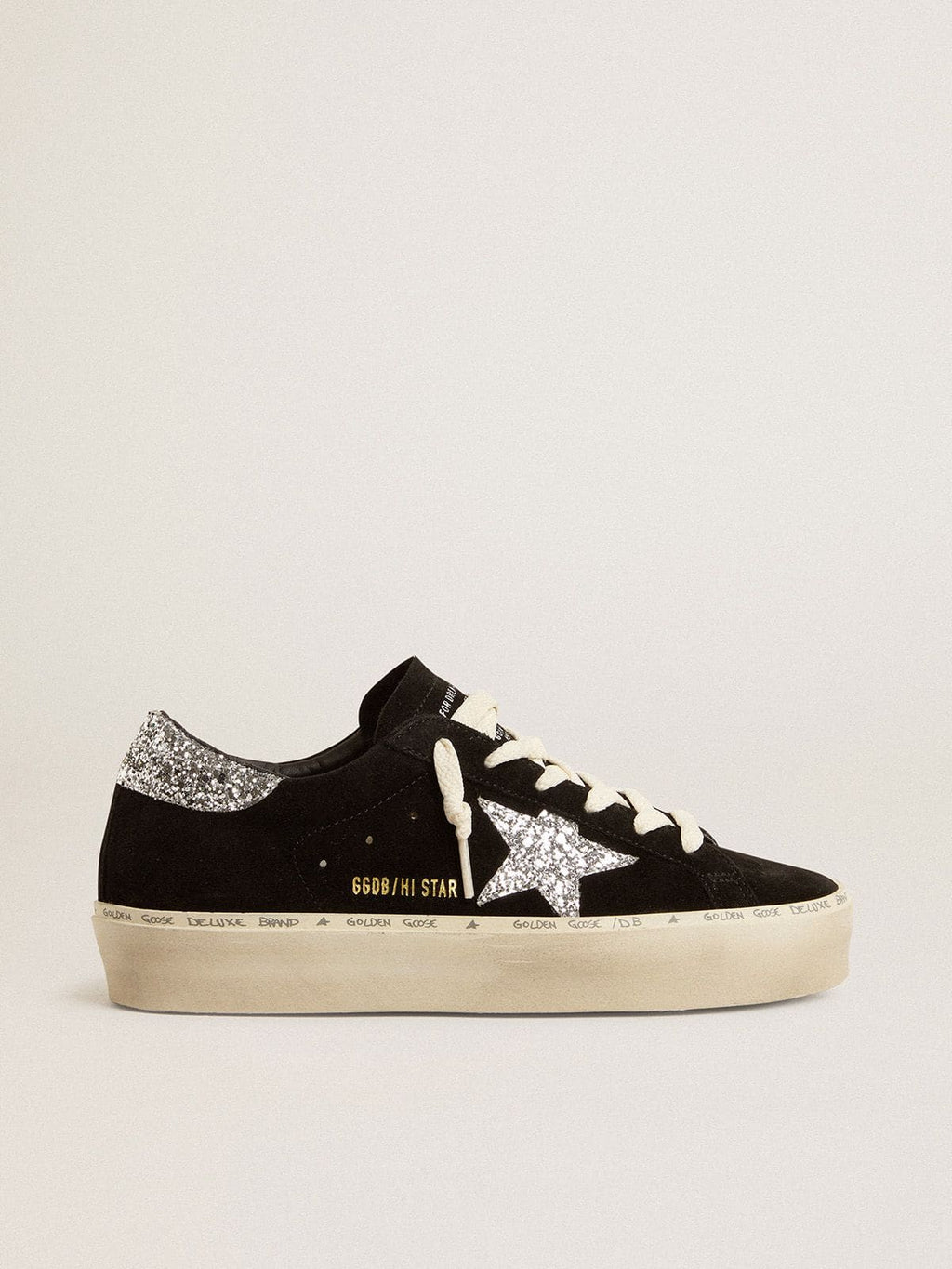 Golden Goose Hi Star Donna in Suede Nero con Stella Glitter Argento