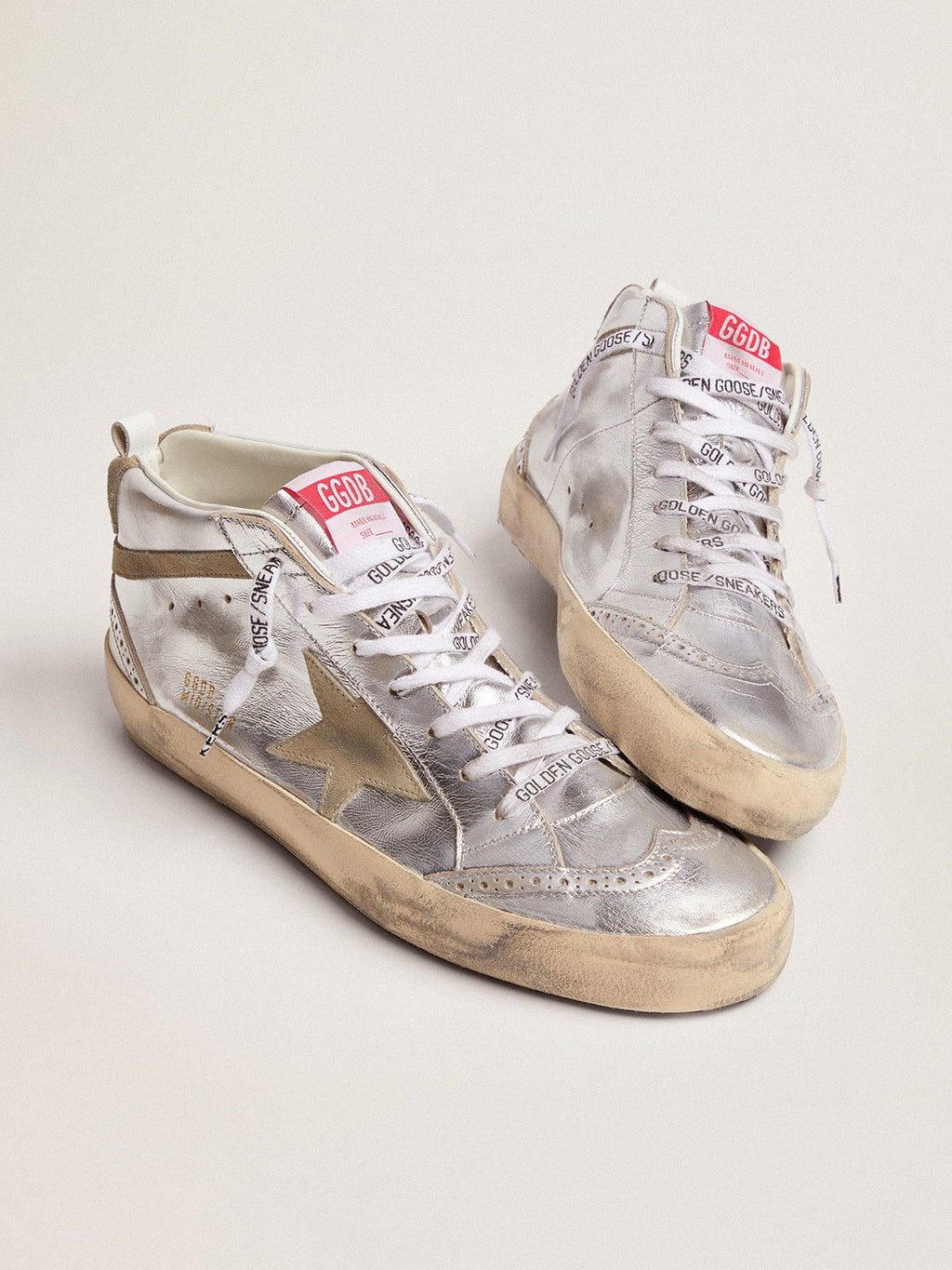 Golden Goose Mid Star Donna in Pelle Laminata Argento con Stella Tortora