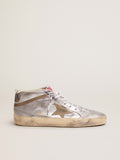 Golden Goose Mid Star Donna in Pelle Laminata Argento con Stella Tortora