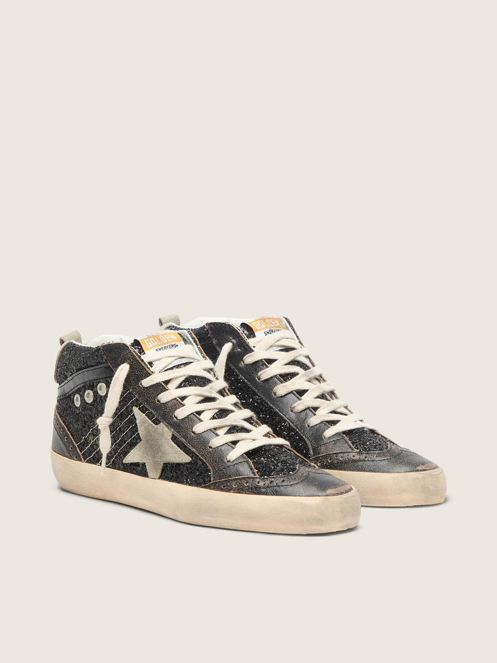 Golden Goose Mid Star Donna in Glitter Neri con Stella e Talloncino in Suede Tortora